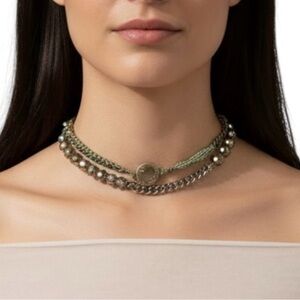 Chloe + Isabel Mixed Chain Faceted Bead Necklace/Chocker with Green Cord Detail